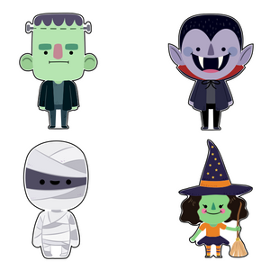 Halloween cute characters cookie cutter collection (Frankenstein, Vampire, Mummy, Witch)