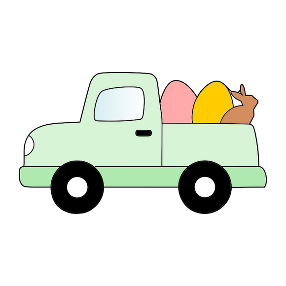 Truck holding eggs and bunny cookie cutter and stamp