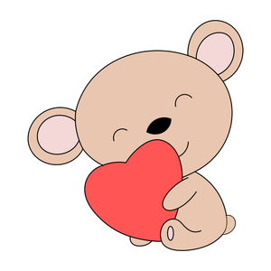 Cute teddy bear hugging a heart cookie cutter with stamp